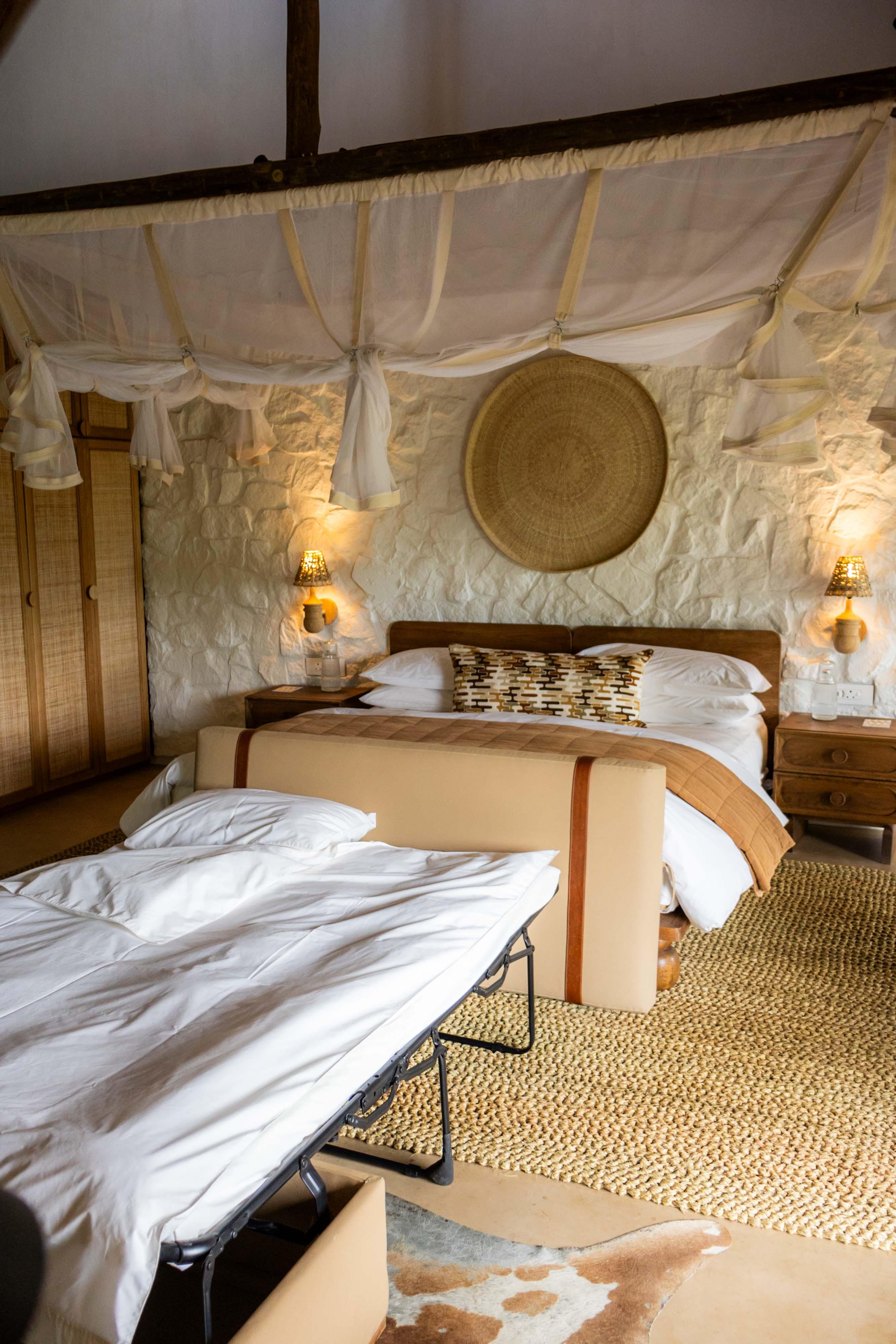 Luxury suite interior with foldout bed setup